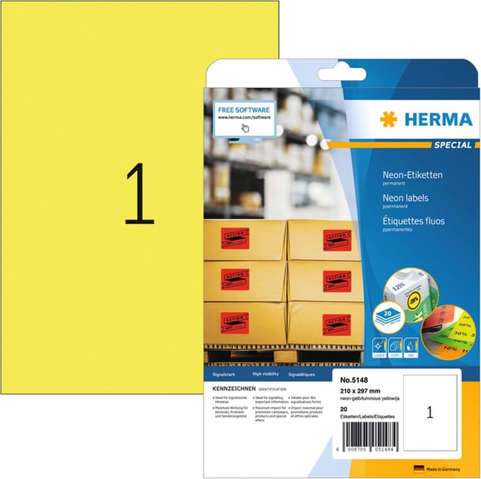 Etiket herma 5148 210x297mm a4 fluor geel 20st | 32 stuks