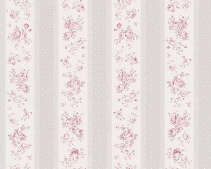 BLOEMEN IN STREPEN BEHANG | Engelse stijl - grijs wit roze - A.S. Création Maison Charme