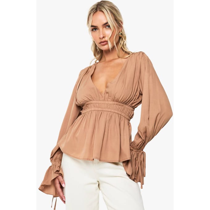 boohoo Dames Blouse met tie cuff en peplum | Mocha | Maat: 6