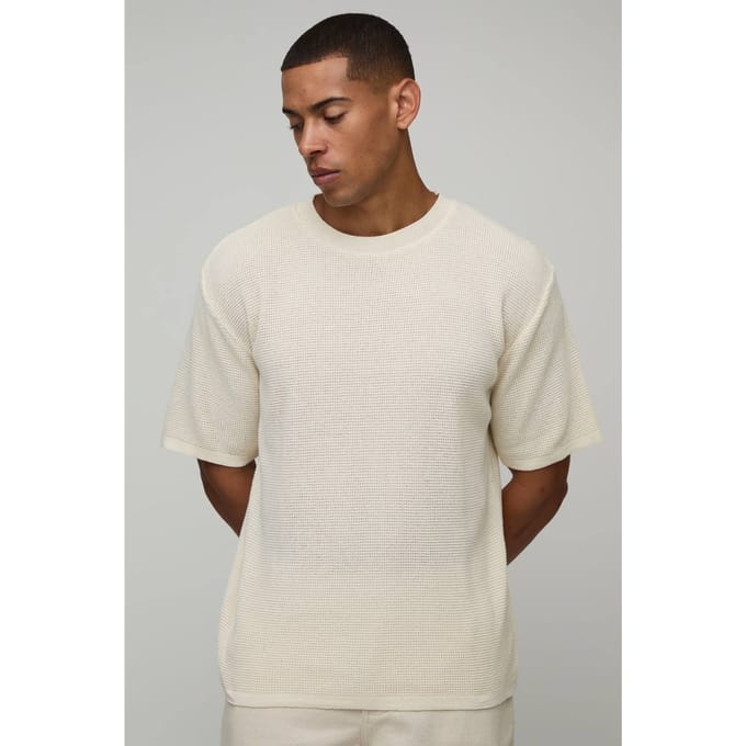 Regular Fit Waffle Knitted T-Shirt | Ecru | Size Medium