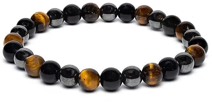 Armband voor brede pols met tijgeroog, hematiet en obsidiaan