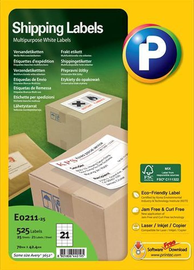 Printec Adres etiketten - 25 vel - 70x42.4mm - 21 labels per A4 - 525 stickers per doos