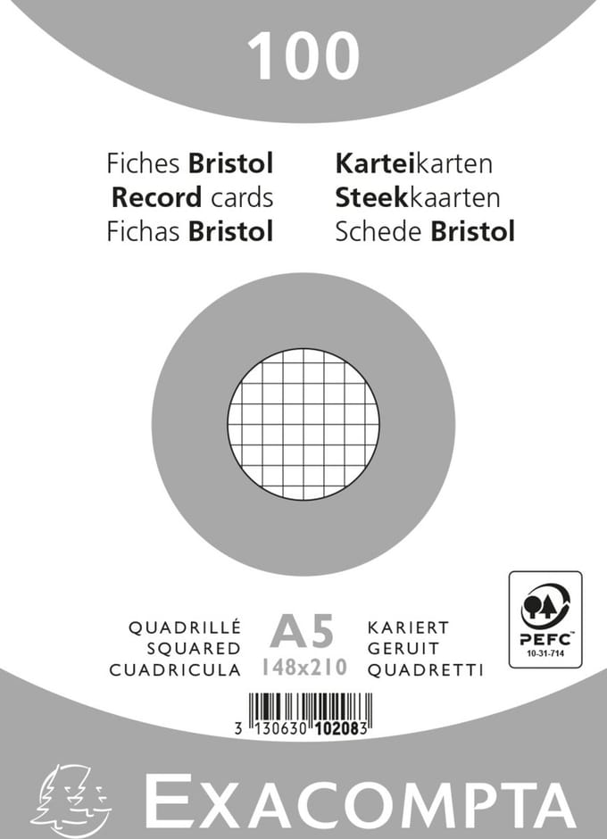 Exacompta 10x Pak 100 steekkaarten bristol in folie - geruit 5x5 niet geperforeerd 148x210mm - Wit - 10208E