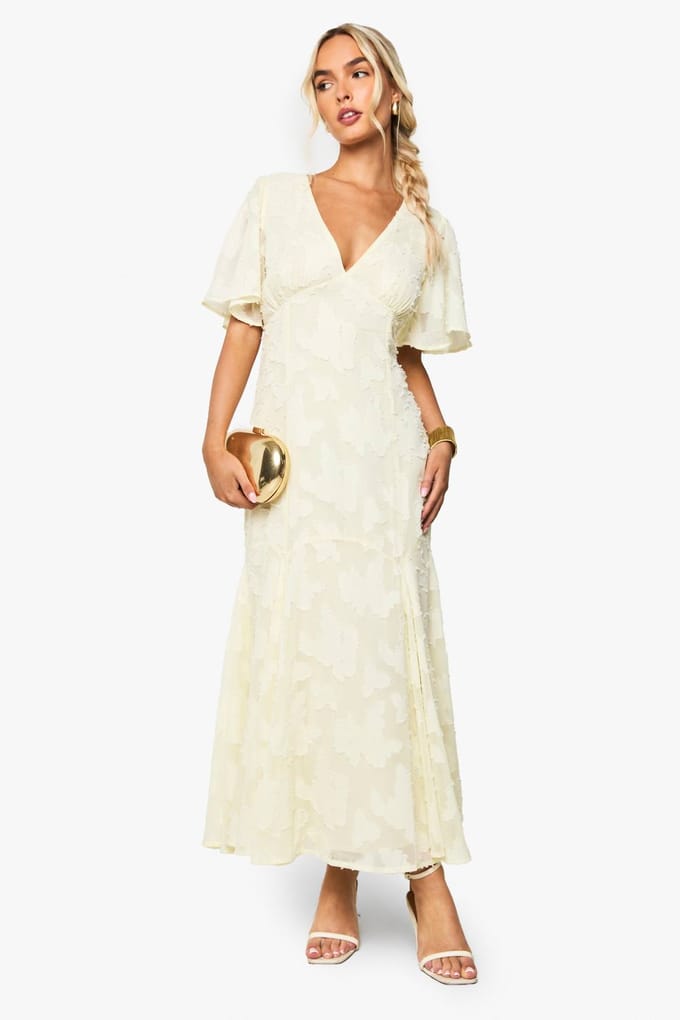 boohoo Dames Burnout Floraal Engelenmouw Midaxi-jurk | Citroen | Maat: 38
