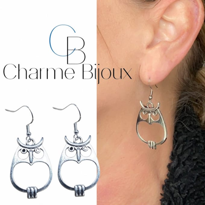Metalen uil oorbellen groot zilver - Charme Bijoux