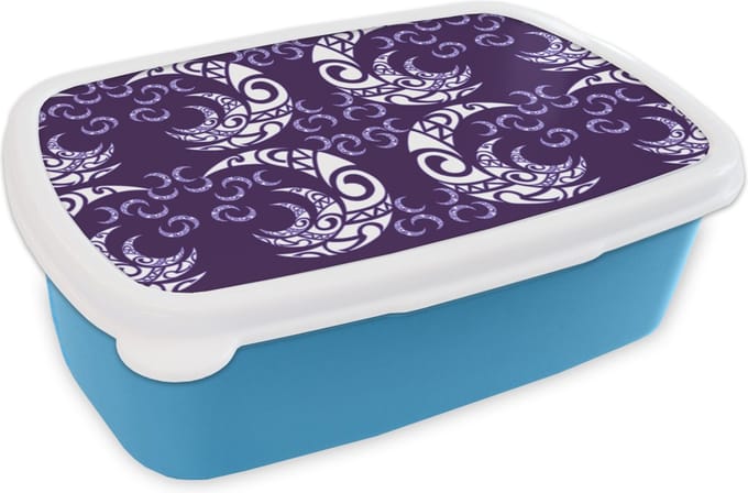 Broodtrommel Blauw - Lunchbox - Brooddoos - Maan - Patronen - Nacht - 18x12x6 cm - Kinderen - Jongen