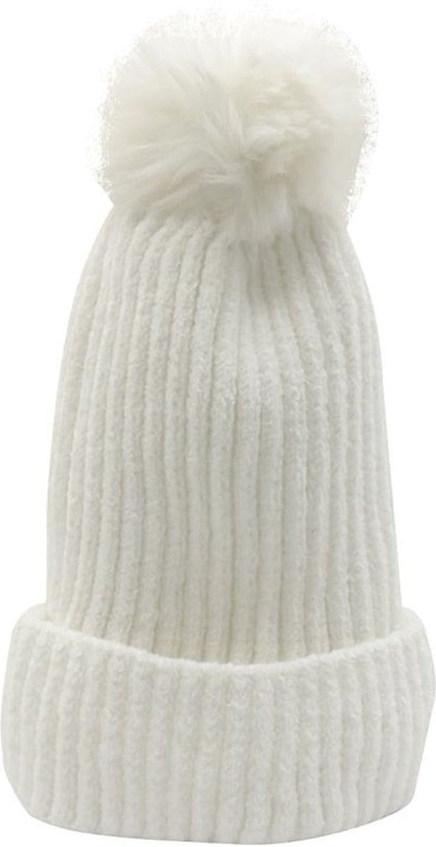 Winter Muts Gewatteerd met Pompon - Wit - One size - 100% Acryl Wol - Lekker zachte en warme Wintermuts