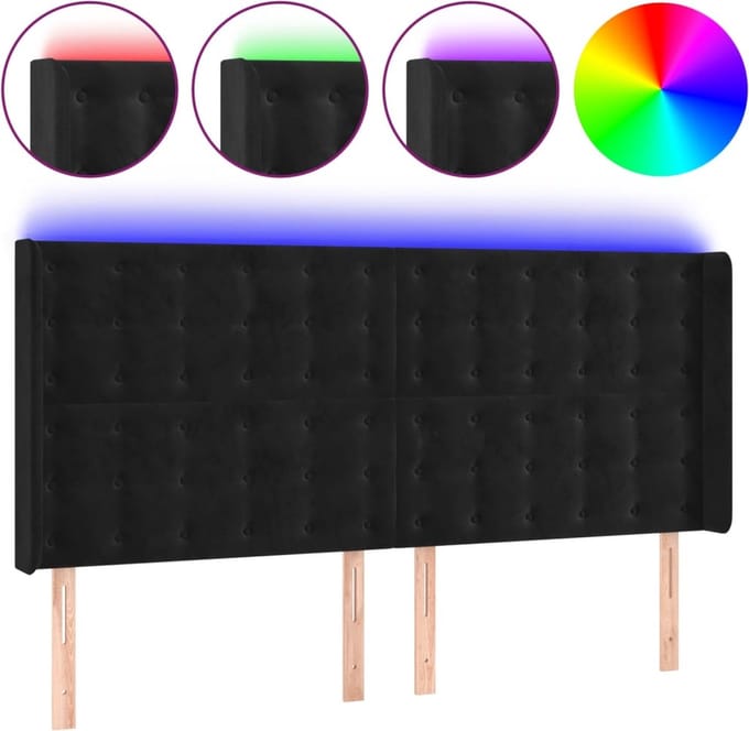vidaXL - Hoofdbord - LED - 183x16x118/128 - cm - fluweel - zwart