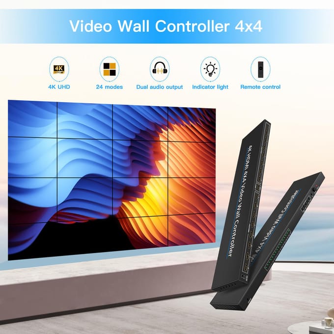 Videowandcontroller 4K Compatibel HDMI 4X4 2x2 Compatibel 1 HDMI-ingang en 16 HDMI-uitgangen US Plug zwart