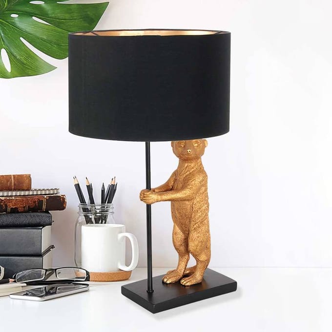 Tafellamp Animaux 7202ZW - Zwarte linnen lampenkap met goudkleurige binnenzijde, 30 cm diameter en 50 cm hoogte - Anne Light