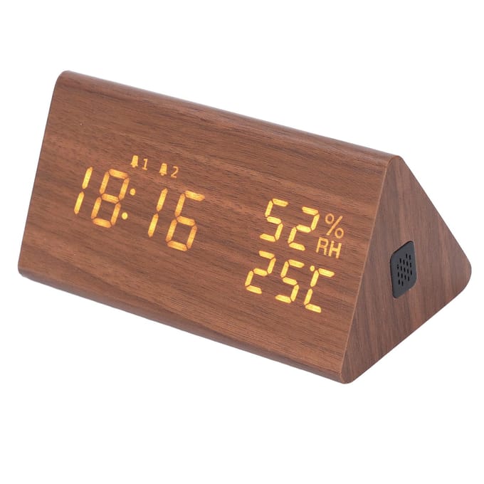 LED Digitale Wekker Multifunctionele Houten Klok met Spraakbesturing Luchtvochtigheid Temperatuur Week Tijd brown