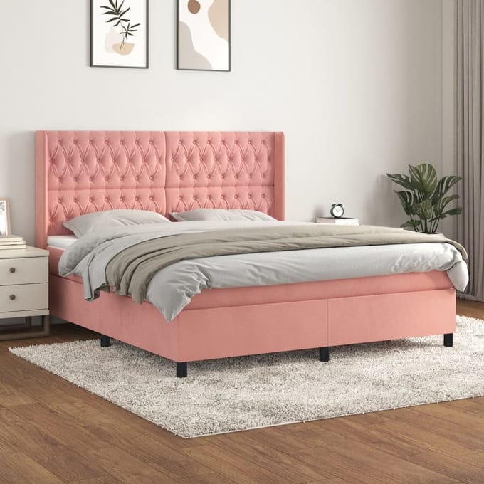 vidaXL - Boxspring - met - matras - fluweel - roze - 180x200 - cm