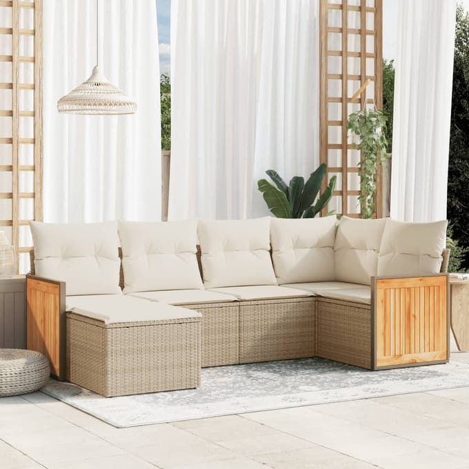 vidaXL - 6-delige - Loungeset - met - kussens - poly - rattan - beige