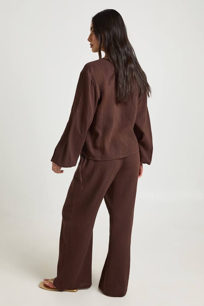 boohoo Dames Wijde Broek Van Kaasdoek | Chocoladebruin | Maat: 36