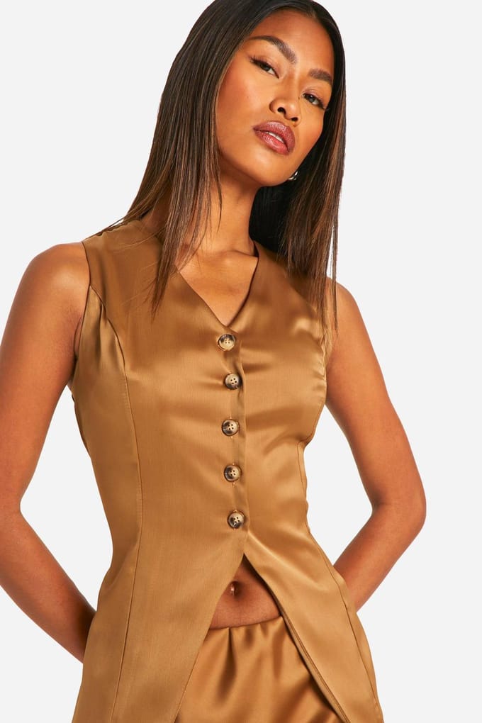 boohoo Dames Fluid Premium Satijn Longline Gilet | Mocha | Maat: 6