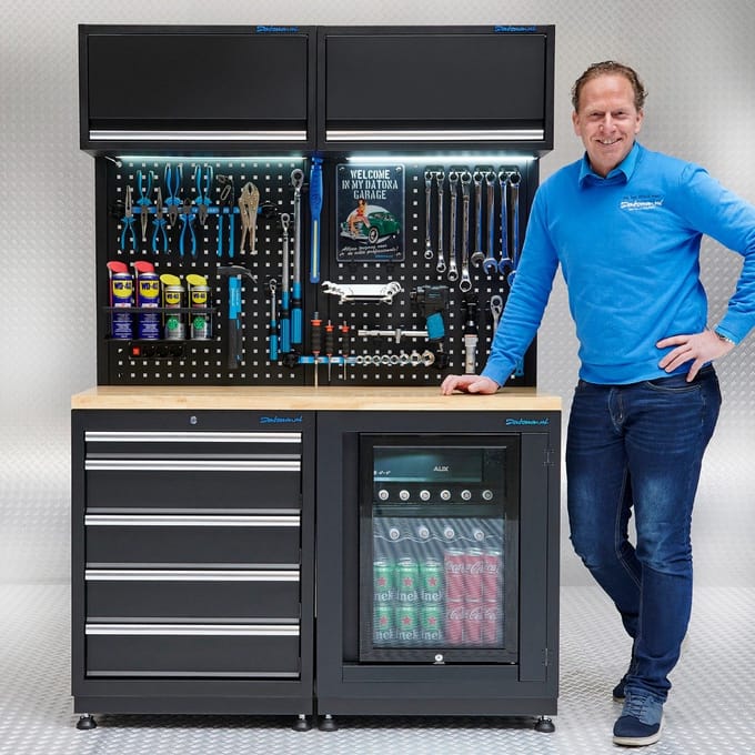 Datona® Werkplaatsinrichting PREMIUM eiken - met koelkast - 136 cm - Zwart