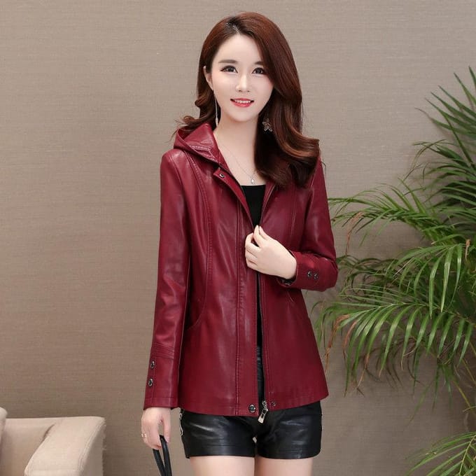 Veste en cuir de mouton pour femme automne hiver grande taille veste en cuir véritable veste de moto à capuche mince manteaux en peau de mouton XL rouge vin