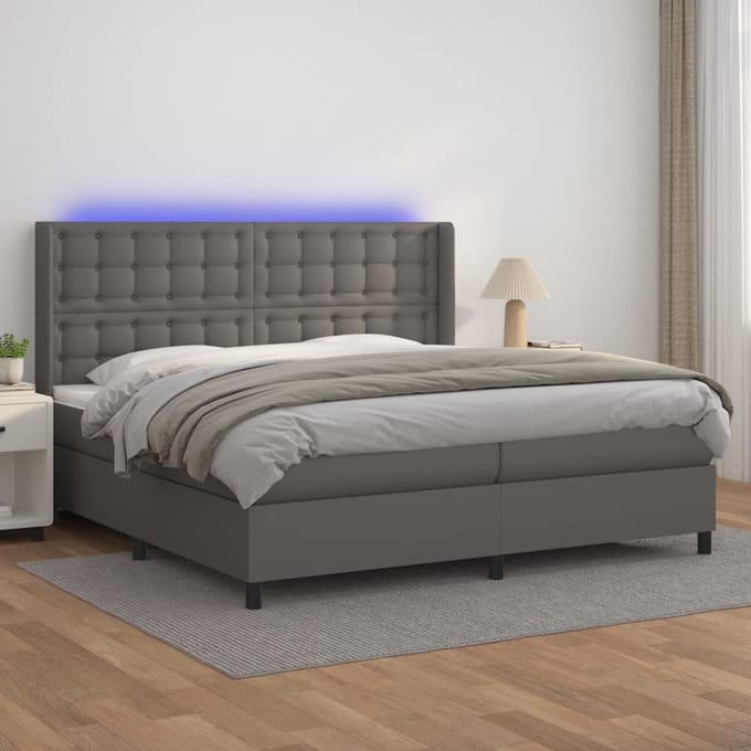 vidaXL - Boxspring - met - matras - en - LED - kunstleer - grijs - 200x200 - cm
