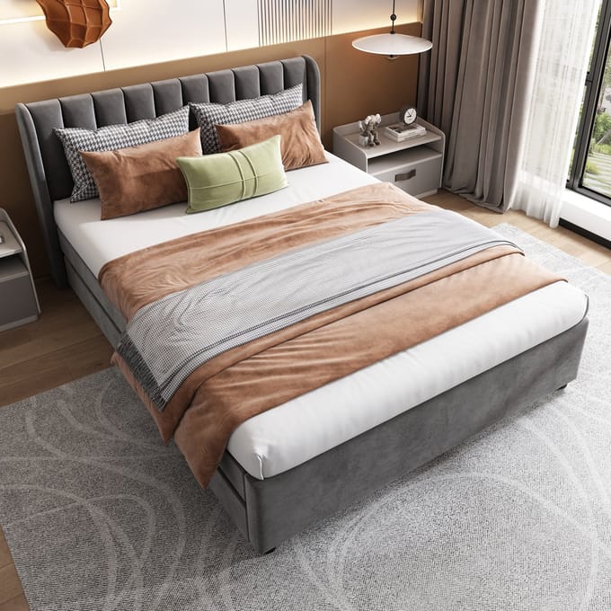Gestoffeerd Bed - 140x200 cm - met 2 Lades en Rugleuning - Lattenbodem - Fluweel - Grijs