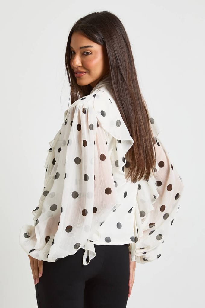 boohoo Dames Polka Dot Chiffon Blouse met Ballonmouwen | Wit | Maat: 38