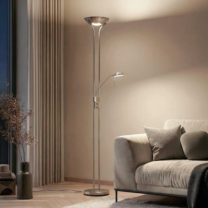 Lindby LED vloerlamp Josefin, nikkel, leeslampje, dimbaar