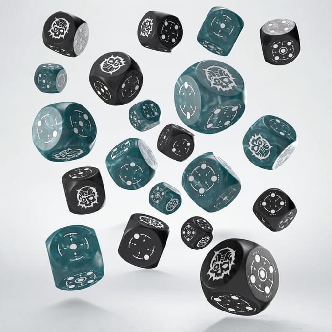 Q-Workshop dobbelstenen set D6 Stormy & Black - 20 stuks compact.