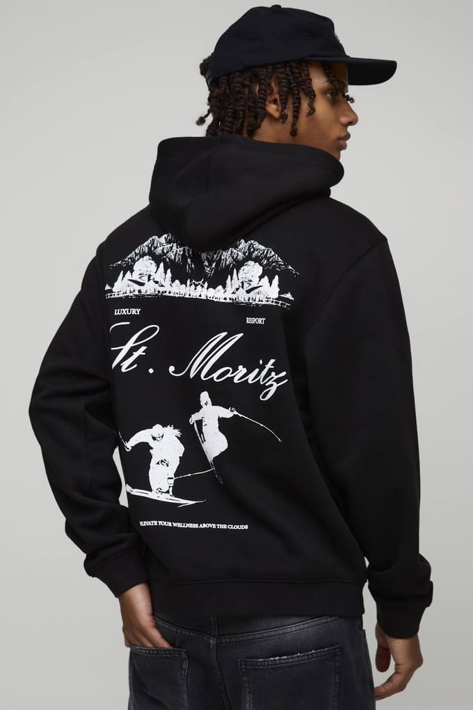Zwarte Relaxed Fit Mont Blanc Ski Graphic Hoodie | Black | Size Medium