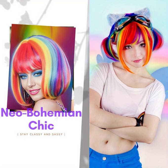 Perruque synthétique courte et lisse multicolore arc-en-ciel avec frange pour femmes et filles multicolore