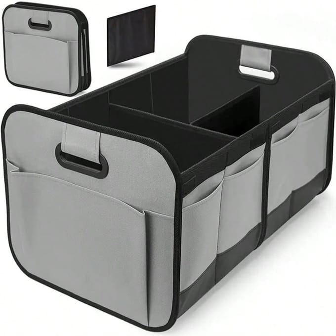 Boîte de rangement robuste pour coffre de voiture, design pliable avec plusieurs compartiments - Boîte de rangement avec poignée renforcée gris