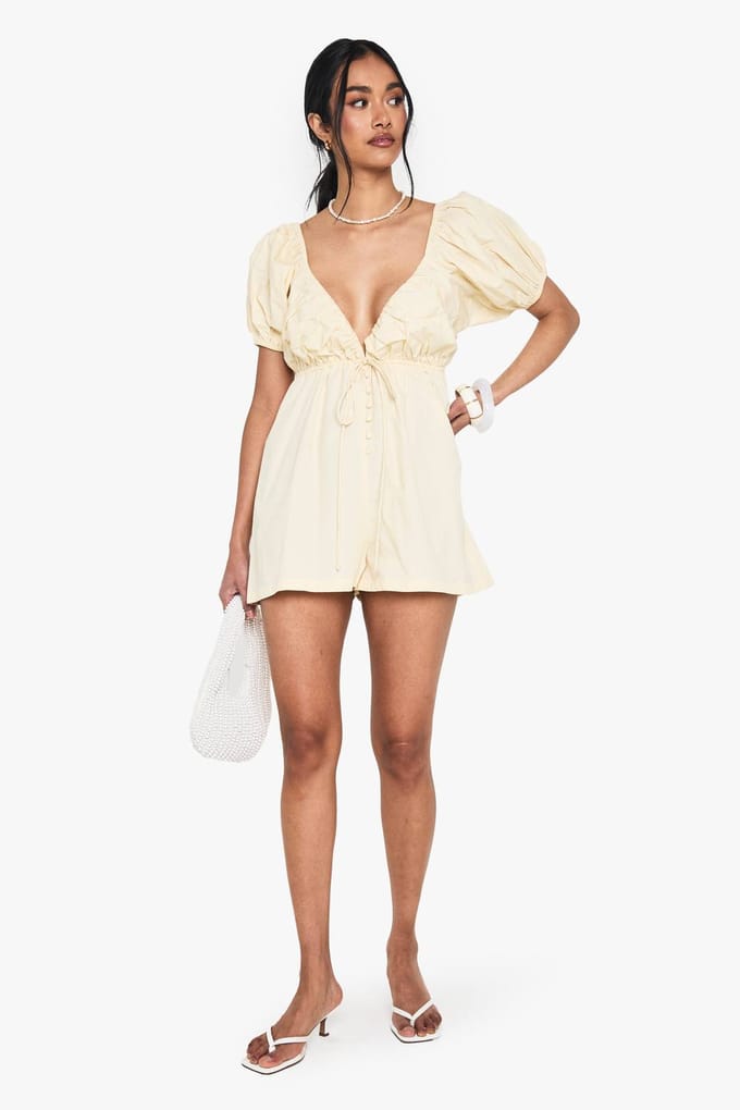 boohoo Dames Cotton Poplin Playsuit met Pofmouwen | Lemon | Maat: 8