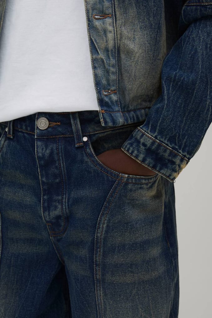 Baggy Stijve Bleach Washed Panelen Denim Jeans | Antique Wash | Size 30R