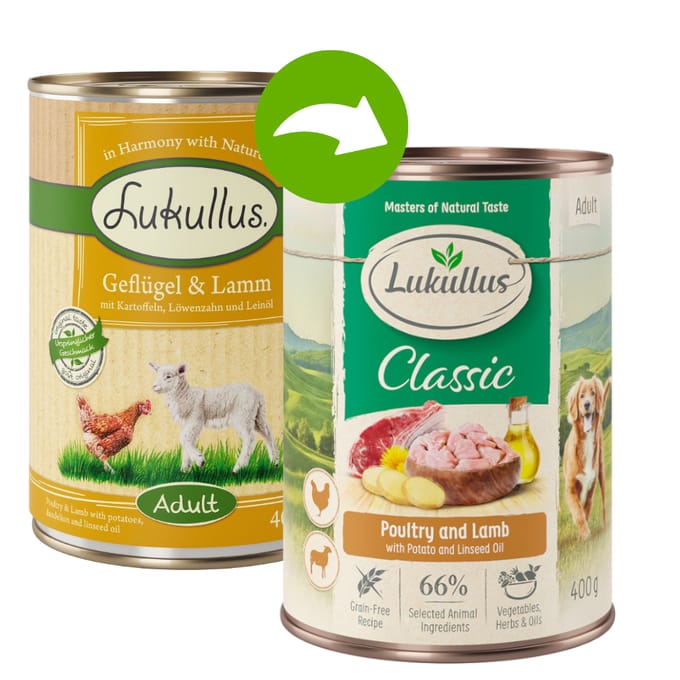 Lukullus Probeerpakket 6 x 400 g / 800 g + 12 x 5 cm Kauwbotten Hondenvoer - Wild Konijn & Kalkoen 6 x 400 g