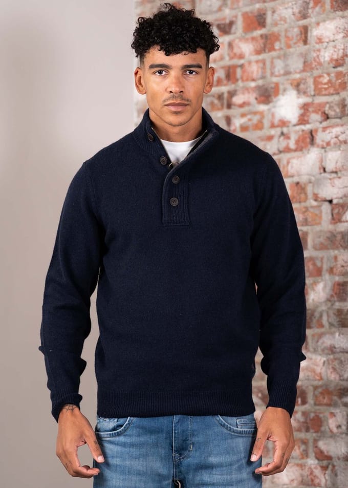 Barbour half zip trui donkerblauw met knopen en elleboogstukken