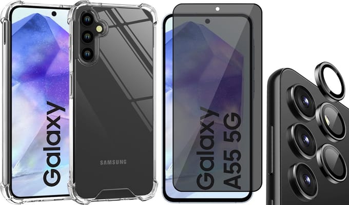 Hoesje geschikt voor Samsung Galaxy A55 - Privacy Screenprotector Volledig Dekkend Glas & Camera Protector - Shockproof Transparant