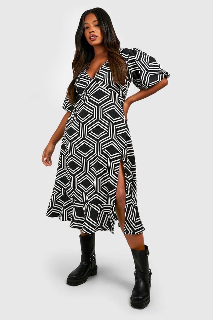 boohoo Dames Plus Mono Print Midi Smock Dress | Black | Maat: 18