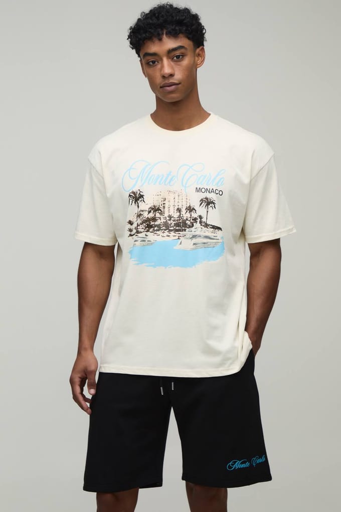 Oversized Monte Carlo Print T-Shirt & Short Set | Ecru | Size Medium