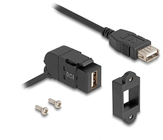 USB-A haaks (45°) Keystone module - USB-A (v) | met inbouwframe | USB2.0 | zwart | 0,30 meter