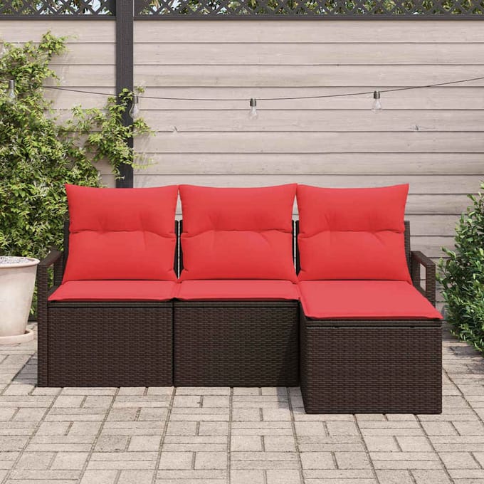 vidaXL - Bankstel - 4 - st - Bruin - en - Rood - poly - rattan