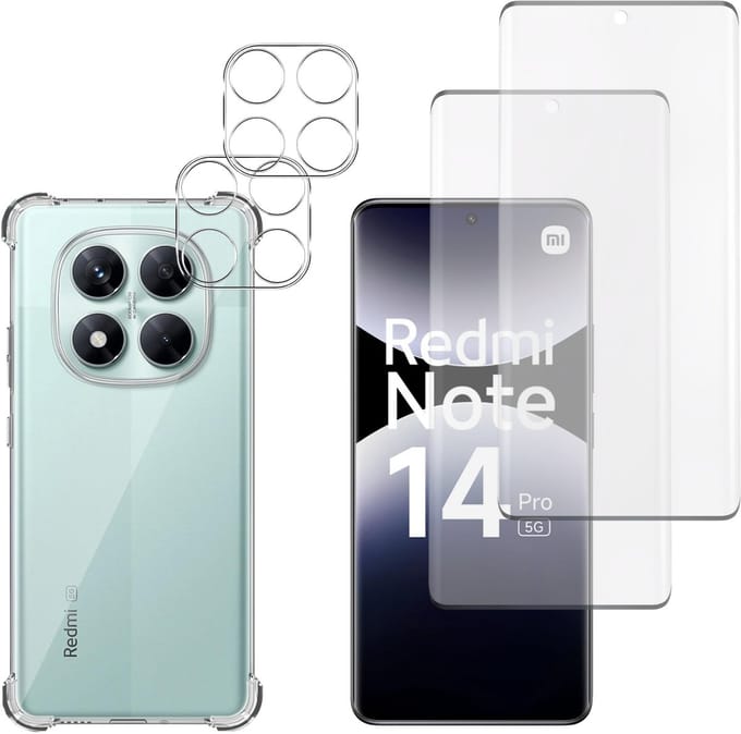 Hoesje geschikt voor Xiaomi Redmi Note 14 Pro 5G backcover Shockproof siliconen Transparant + 2 stuks Screenprotector Gehard Glas + 2 stuks Camera Protector