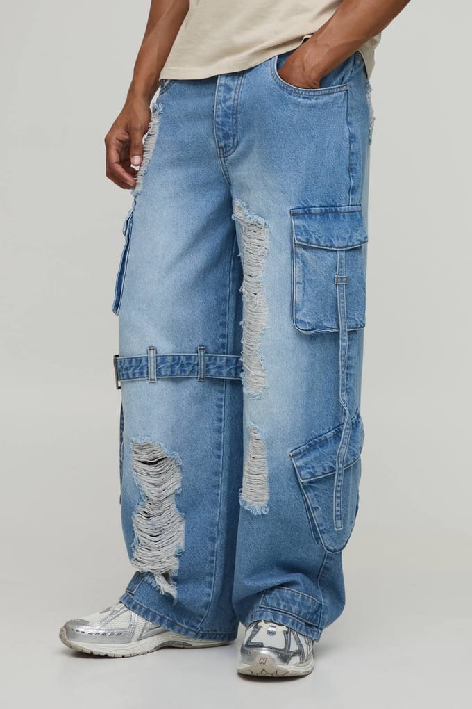 Extreme Gewassen Cargo Band Detail Baggy Jeans | Washed Blue | Size 36R