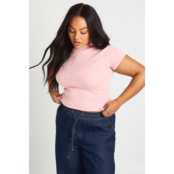 boohoo Dames Plus Rib getailleerde top met korte mouwen | Roze | Maat: 44