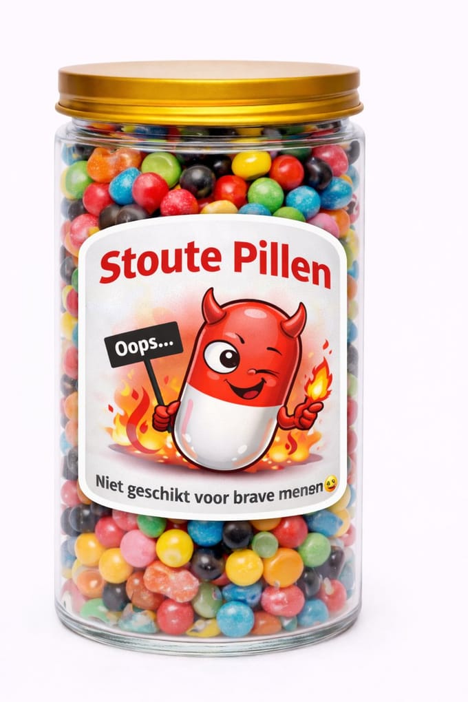 Luxe glazen Snoeppot 1250 ml – "stoute pillen"
