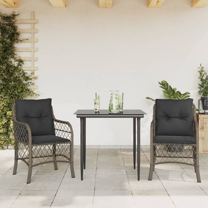 vidaXL - 3-delige - Bistroset - met - kussens - poly - rattan - grijs
