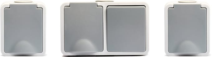 McPower Fix - Set van 3 - 1x Combinatie (stopcontact+schakelaar) Horizontaal + 2x Enkele schakelaar - Wandstopcontact Opbouw - IP54 - Grijs