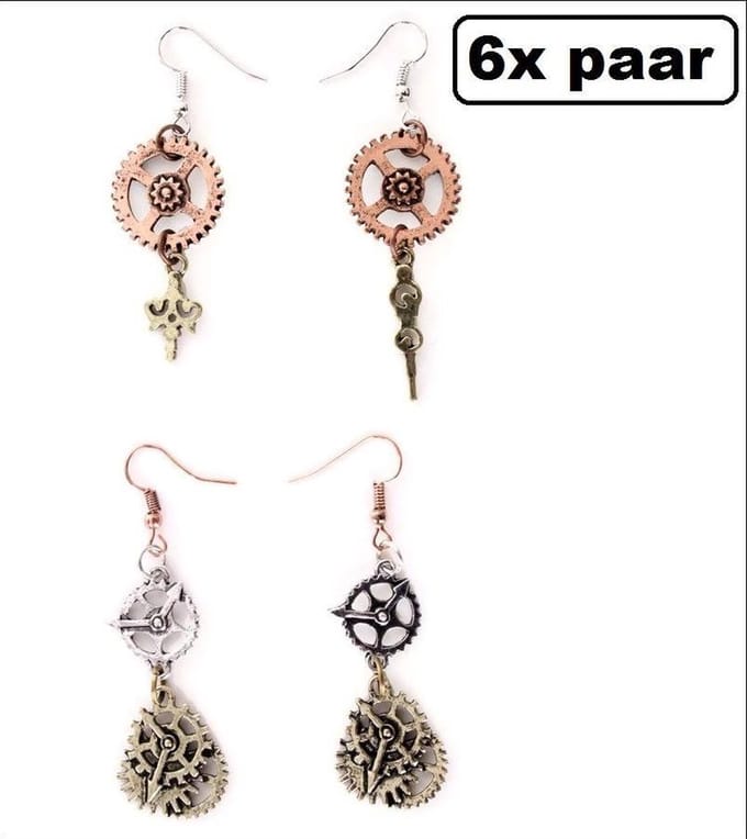 6x Paar Oorbellen Steampunk 2 assortie