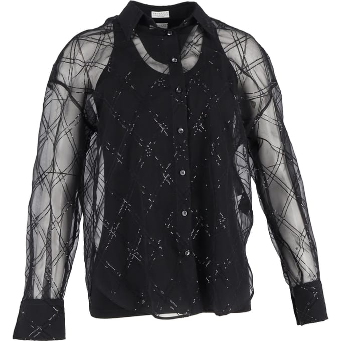 Brunello Cucinelli blouse met pailletten in zwarte zijde