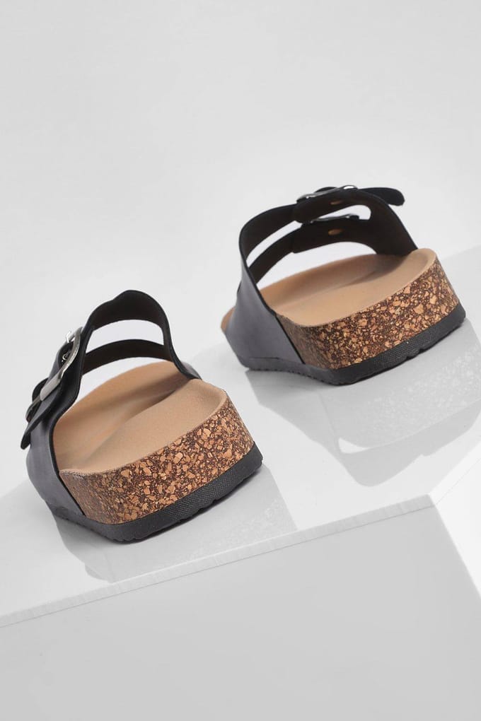 boohoo Dames Dubbele Gesp Footbed Slider | Black | Maat: 3