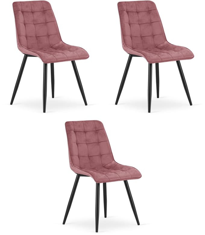 Set van 3 eetkamerstoelen SPLIT - Donkerroze fluweel - Zwarte metalen poten - Modern design