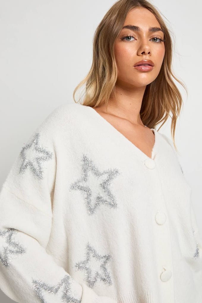 boohoo Dames Star Tinsel Print Oversized Gebreide Cardigan | Cream | Maat: Small
