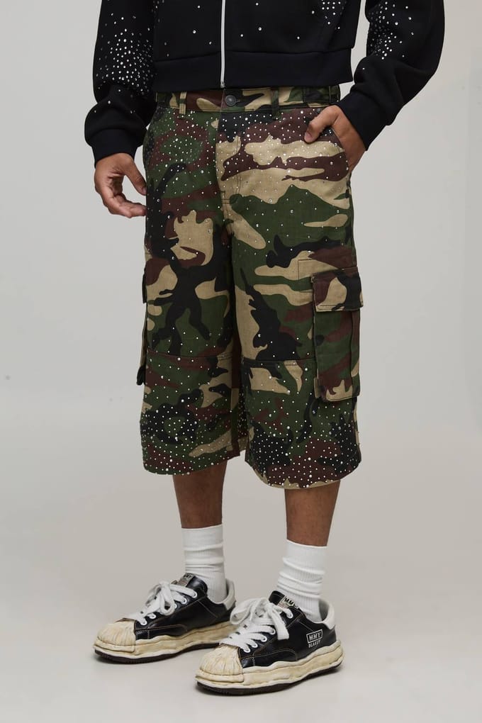 Longline Camo Embellished Twill Jorts | Size Medium